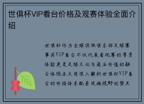 世俱杯VIP看台价格及观赛体验全面介绍